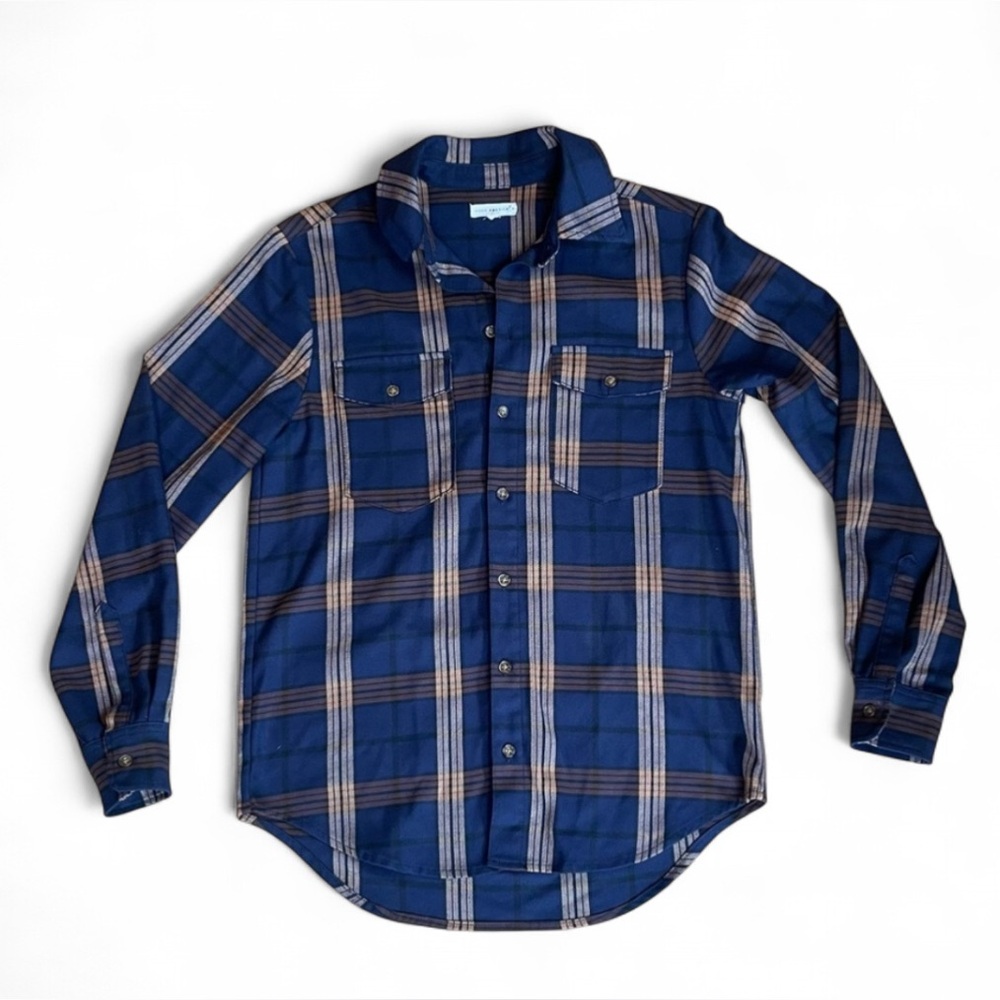 Good‎ American Navy and Tan Plaid Shirt